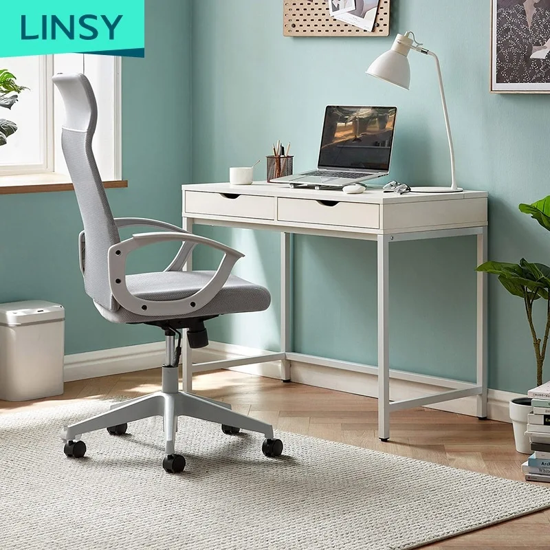 LINSY Computer desk with 2 drawer study table desk computer white writing desk