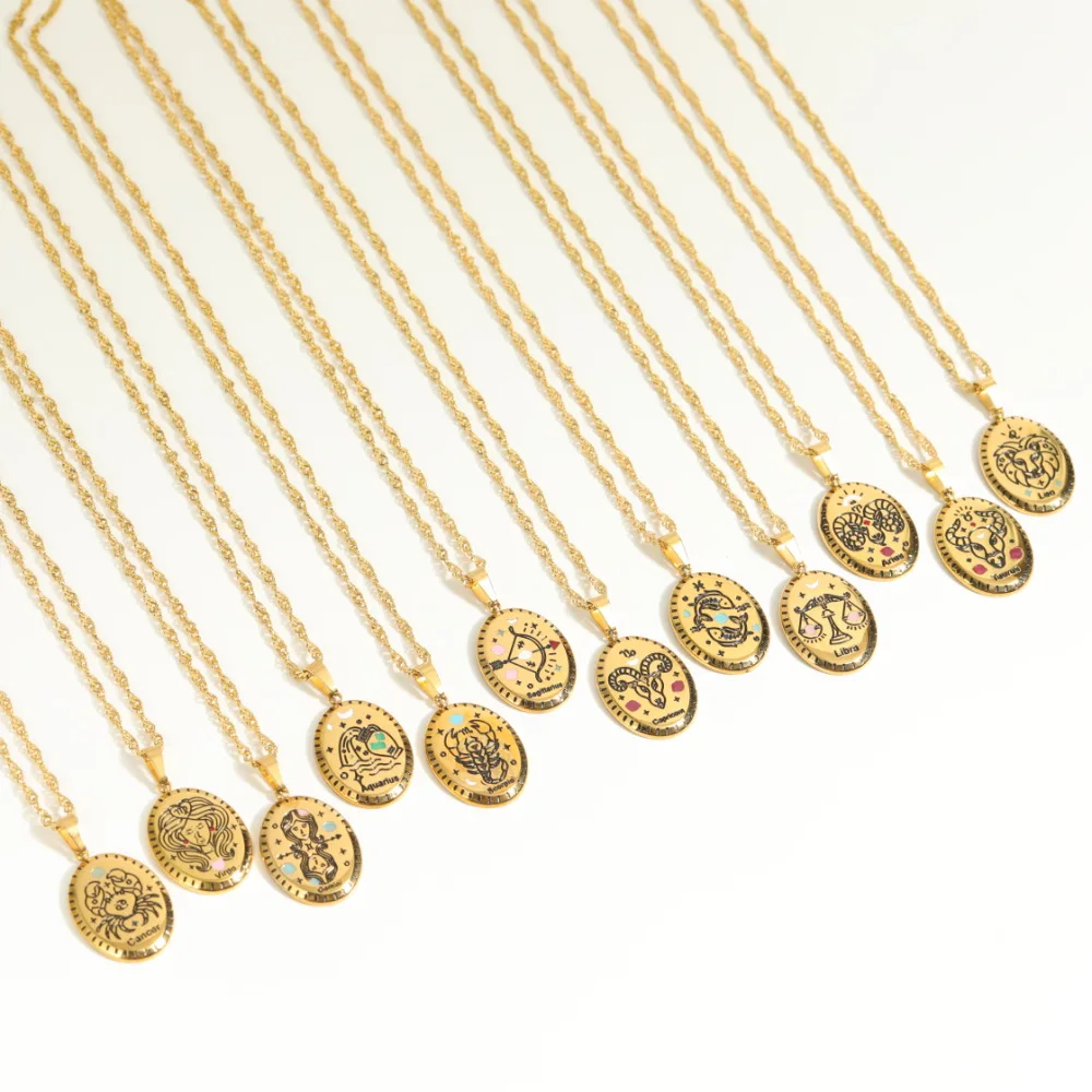 Vintage Gold Plated Vermeil Zodiac Necklace Jewelry Stainless Steel Star Sign Pendant Zodiac Medallion Astrology Necklace