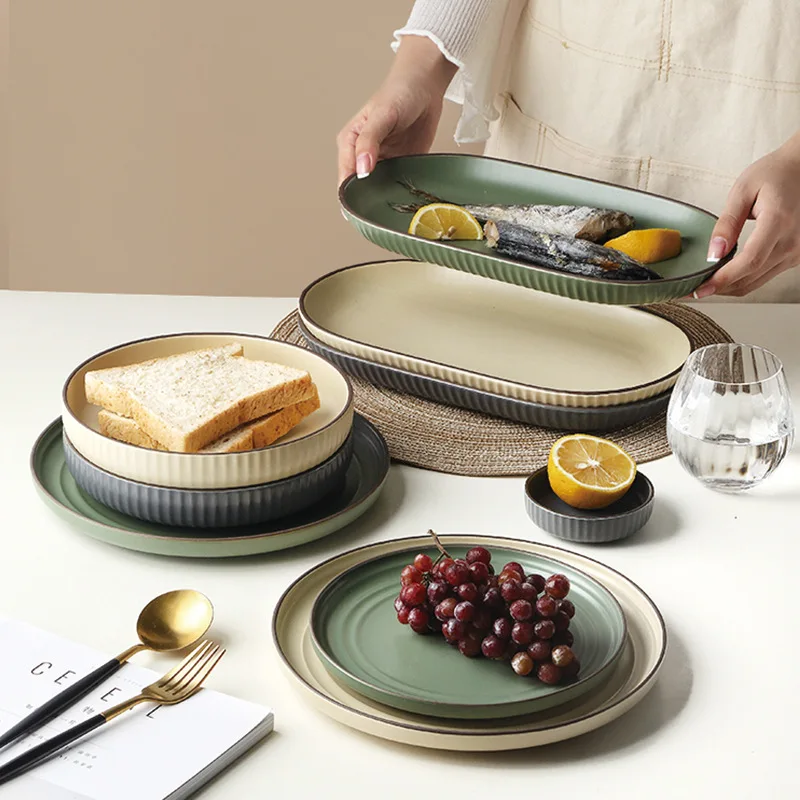  Nordic Ceramic Dishes Set Household Creative Simple Ins Vertical Striped Plates Combination Dinnerware Tableware