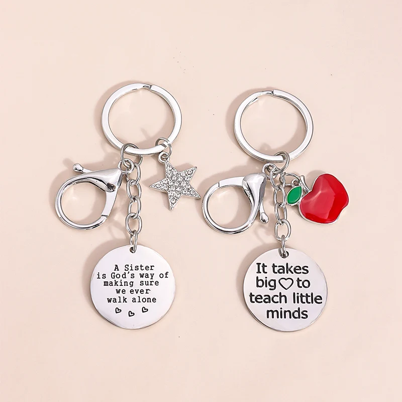 Commemorative Gift Engraved Pendant Apple Crystal Inlaid With Stars Stainless Steel Keychain