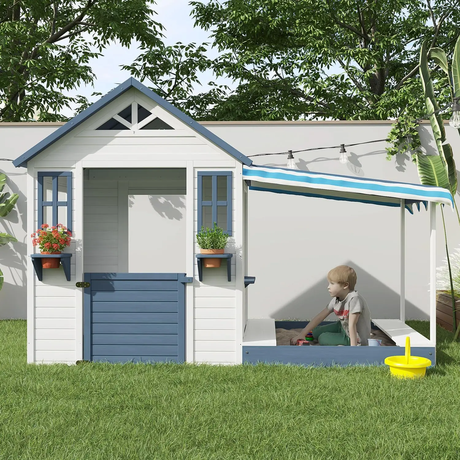 Kids Playhouse with Sandbox Wooden Outdoor Cottage Play House with Sand Pit for Backyard Garden Ages 3 to 10 Years Old
