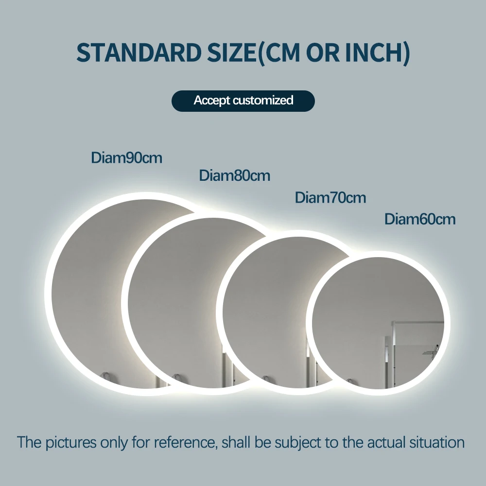 Factory wholesale smart hotel lighted round mirror anti fog wall bathroom led mirror with music features bath mirrors