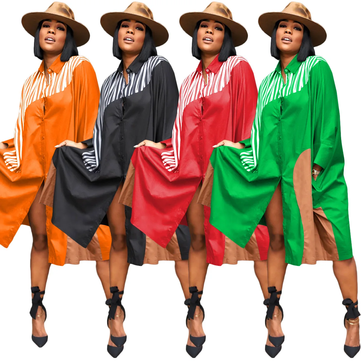 A1441    Color Blocking Pattern Summer Dress African Women Loose Beach Dress Casual T Shirt Dress