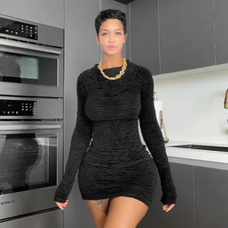 OLAF Wholesale Hot Sales Fashion Street Solid Sexy Perspective Slim Fit Fall Dress