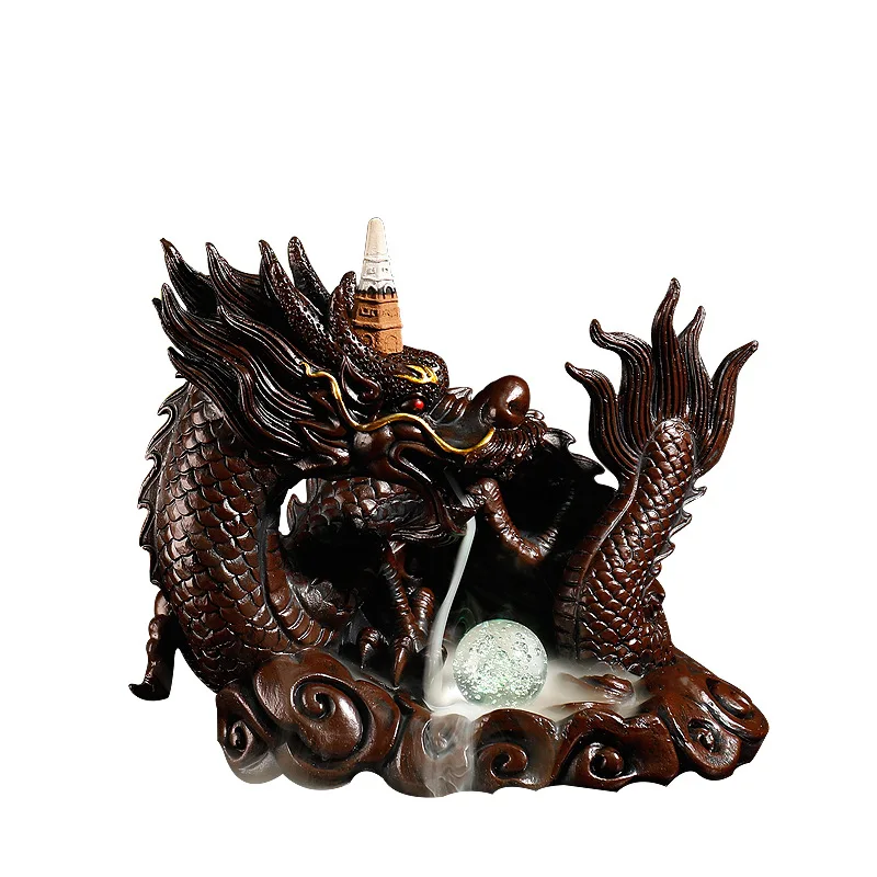 Resin Craft Home Desktop Decor Dragon Backflow Incense Burner with LED Light Crystal Ball Smoke Waterfall Incense Censer