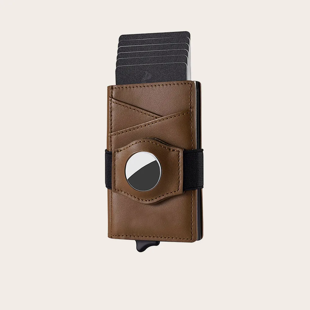 Portable Quick Card Access RFID Blocking Leather Automatic ID Card Holder Wallet With Air tag Holder Metal Card Holder