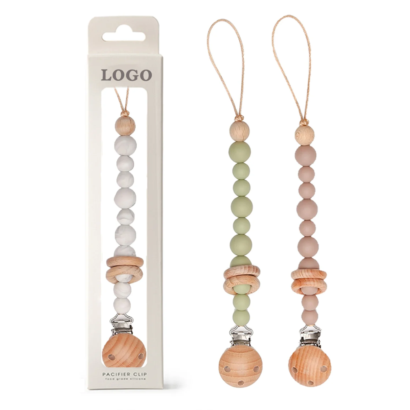 Wholesale Customization Chewable Soft Pacifier Holder Clip Silicone Bead Wooden Rings Baby Gym for Pacifier Clip