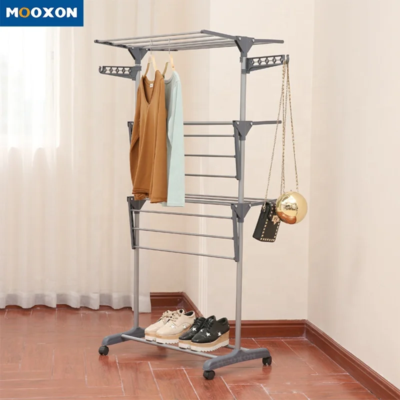Laundry 3 Tier Foldable Multipurpose Coat Cloth Hat Racks Organizer Hanging Clothes Hanger Clothing Display Drying Cloth Rack