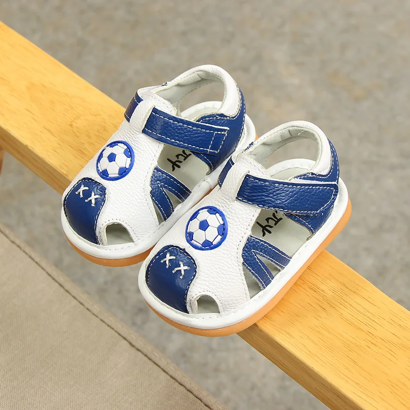 Genuine Leather Football Design Squeaky Baby Sandals Toddler Summer Sound Shoes