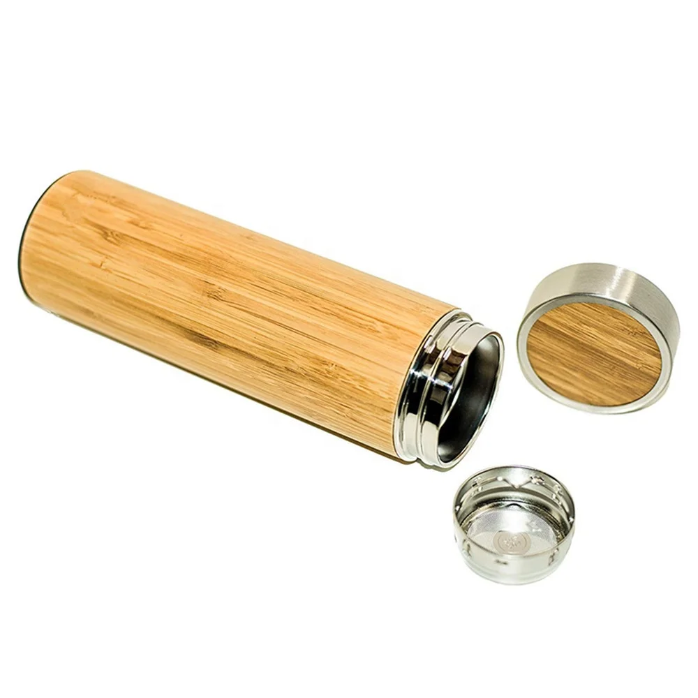 Private label 500ml stainless steel bamboo water bottle 18/8 bamboo tea infuser bottle tumbler for Gift