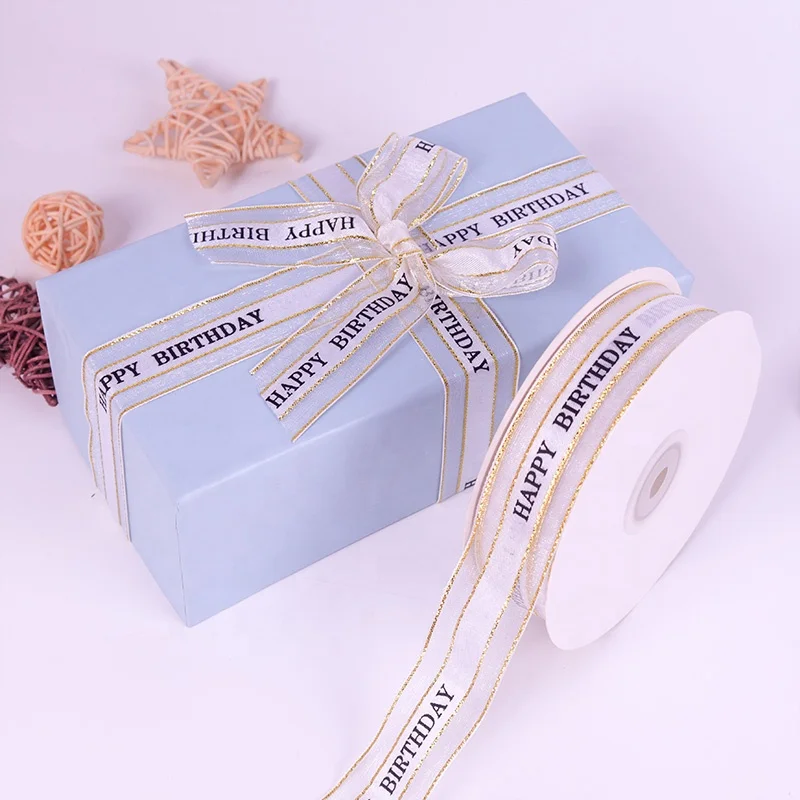 Wholesale Stock Printed Happy Birthday Organza Ribbon Floral Cake Packaging Glitter Silk Ribbon