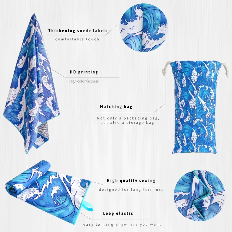high quality ready to ship quick dry Suede Microfiber Two Side Printed recycled plastic sand free beach towel with matching bag