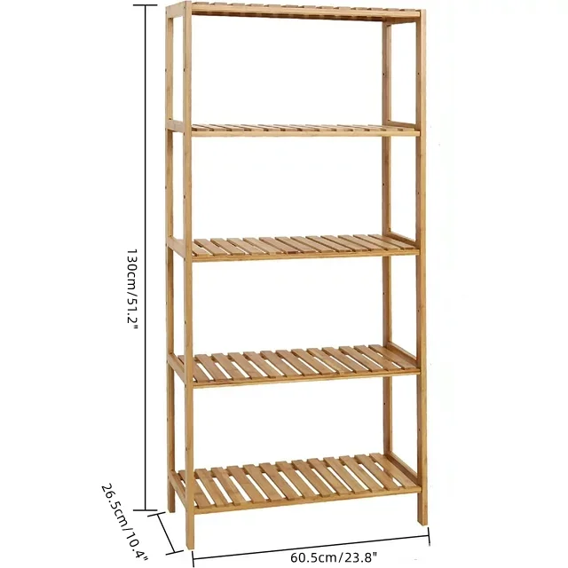 Freestanding 5 Tiers Bamboo Storage Rack Wood Book Shelf For Bathroom,Living Room And Office