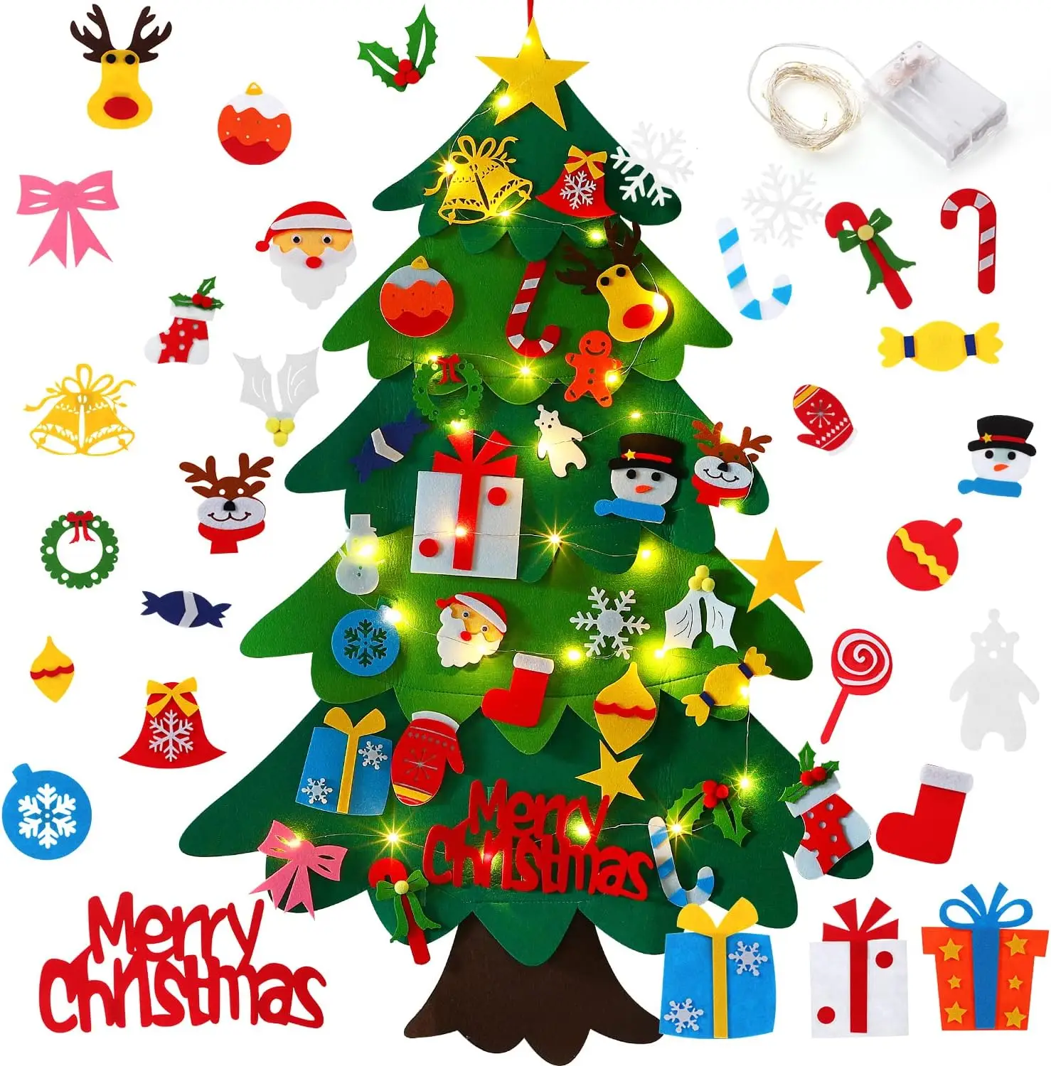 Hot sale Xmas Decorations Wall Hanging 3D DIY Felt Fabric Christmas Tree set with LED Light 32 pieces ornament for Kids