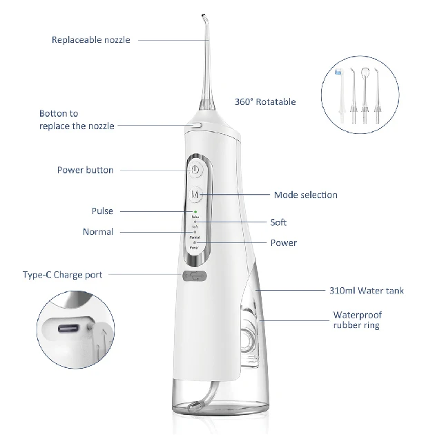 Model M209 360 degrees nozzle rotation mute Water Flosser Four memory modes Type-c hidden charging port IPX7 waterproof