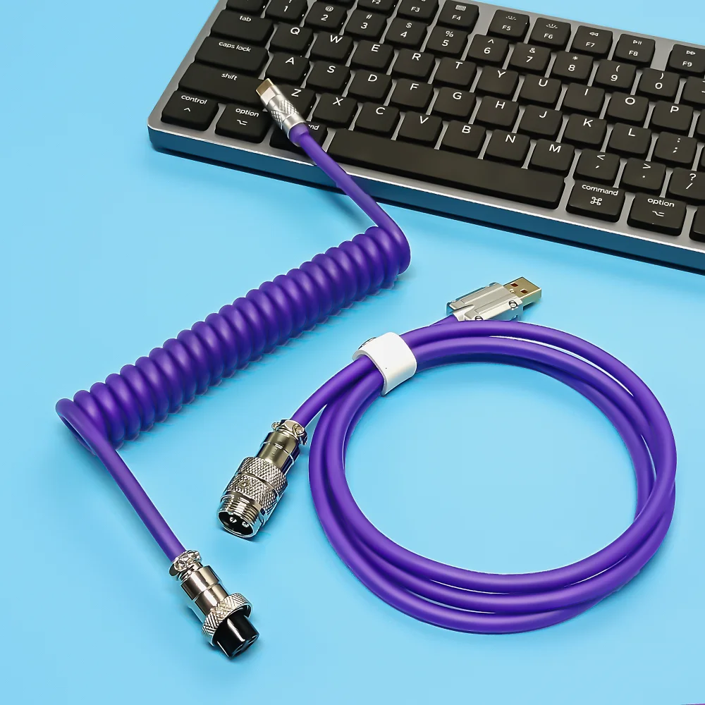 Factory sale  RGB PU Zinc alloy Double-Sleeved spiral cable for Gaming Mechanical Keyboard with Detachable Metal Aviator