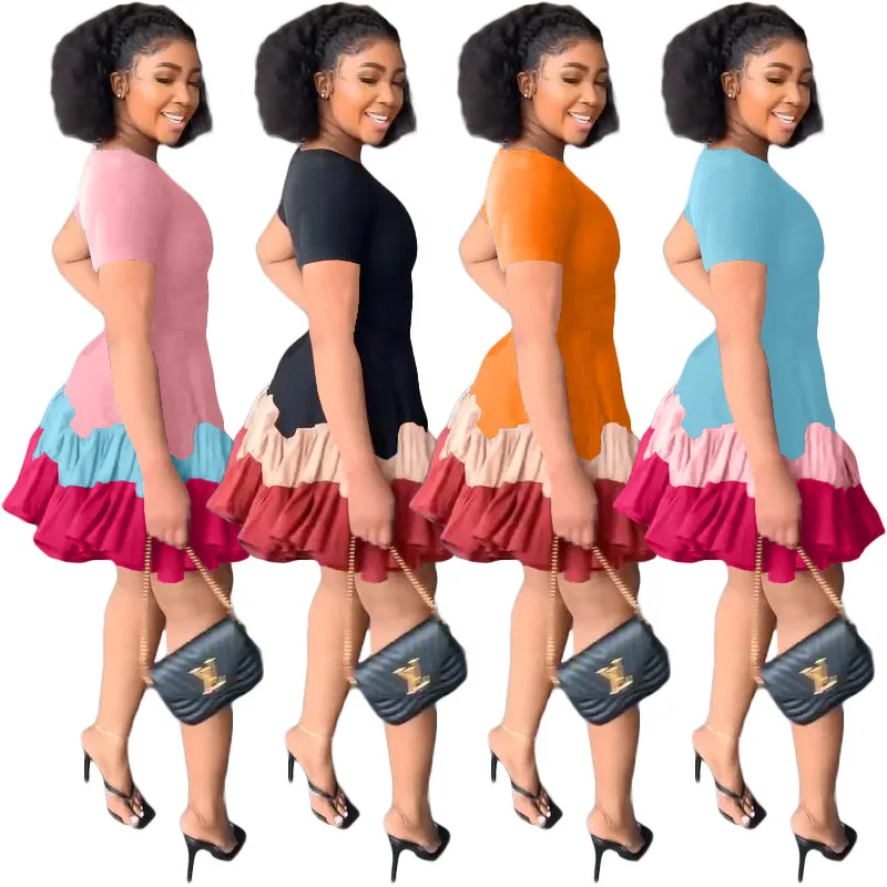 Fashion Design Summer Women Clothes Ruffled Pleated Short Sleeve Solid Color Splicing Casual Dresses