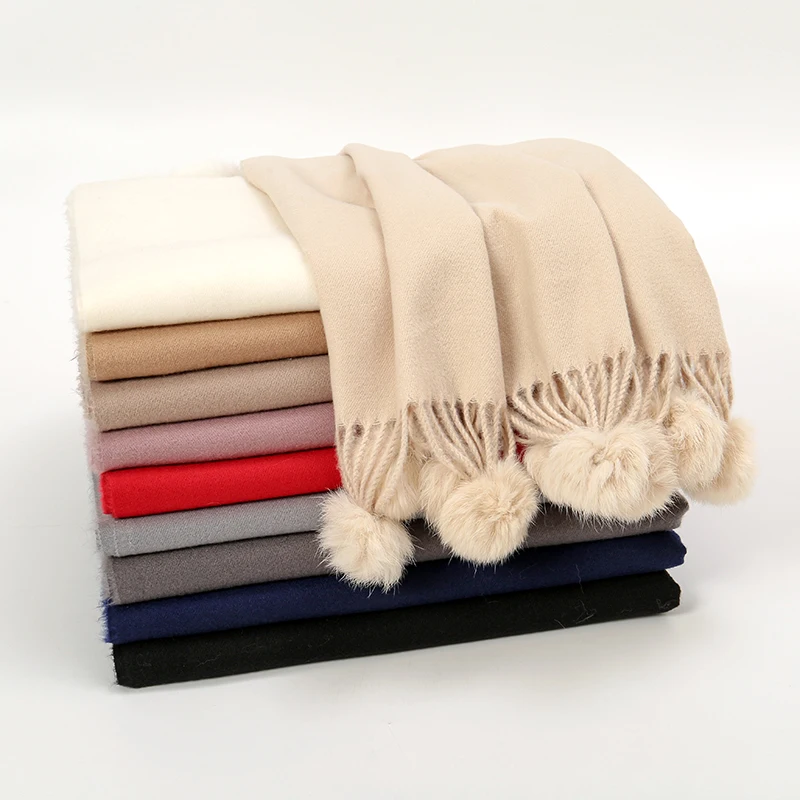 Winter Products 2023 Solid Color Shawl With Fur Ball Casual Warm Pashmina Scarf Women Cashmere Scarf