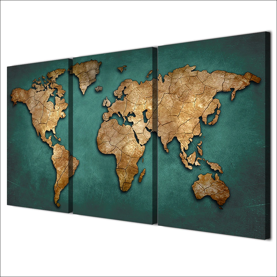 Canvas Prints Paintings Wall Art Framework Continent Pictures Fashion Vintage  3 Pieces World Map Posters Living Room Home Decor