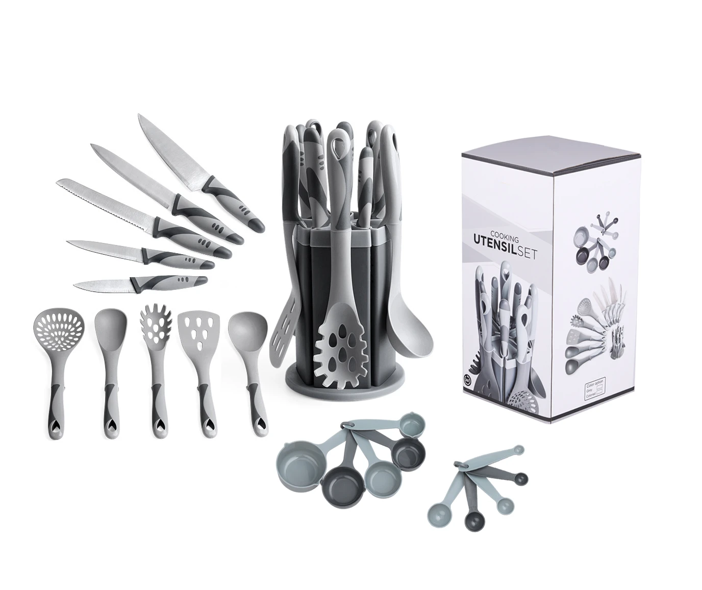 
2020 Import Kitchen Design Utensils Stainless Steel Kitchen Tool Set Gift Nylon Kitchenwares With Sharpe Knives and Holder 