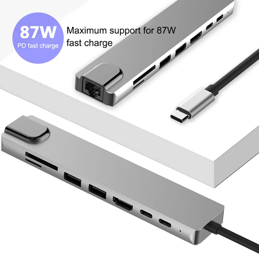 USB C 8 port Type C Hub 8 in 1 Aluminum USB 3.0 -compatible Hub Adapter PD Charging Laptop USB Hubs Extension