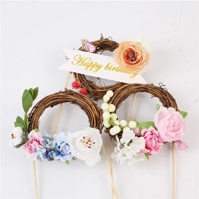 Hot Sale Cake Insert Party Supplies Acrylic Fabric Flower Birthday Cake Decorations
