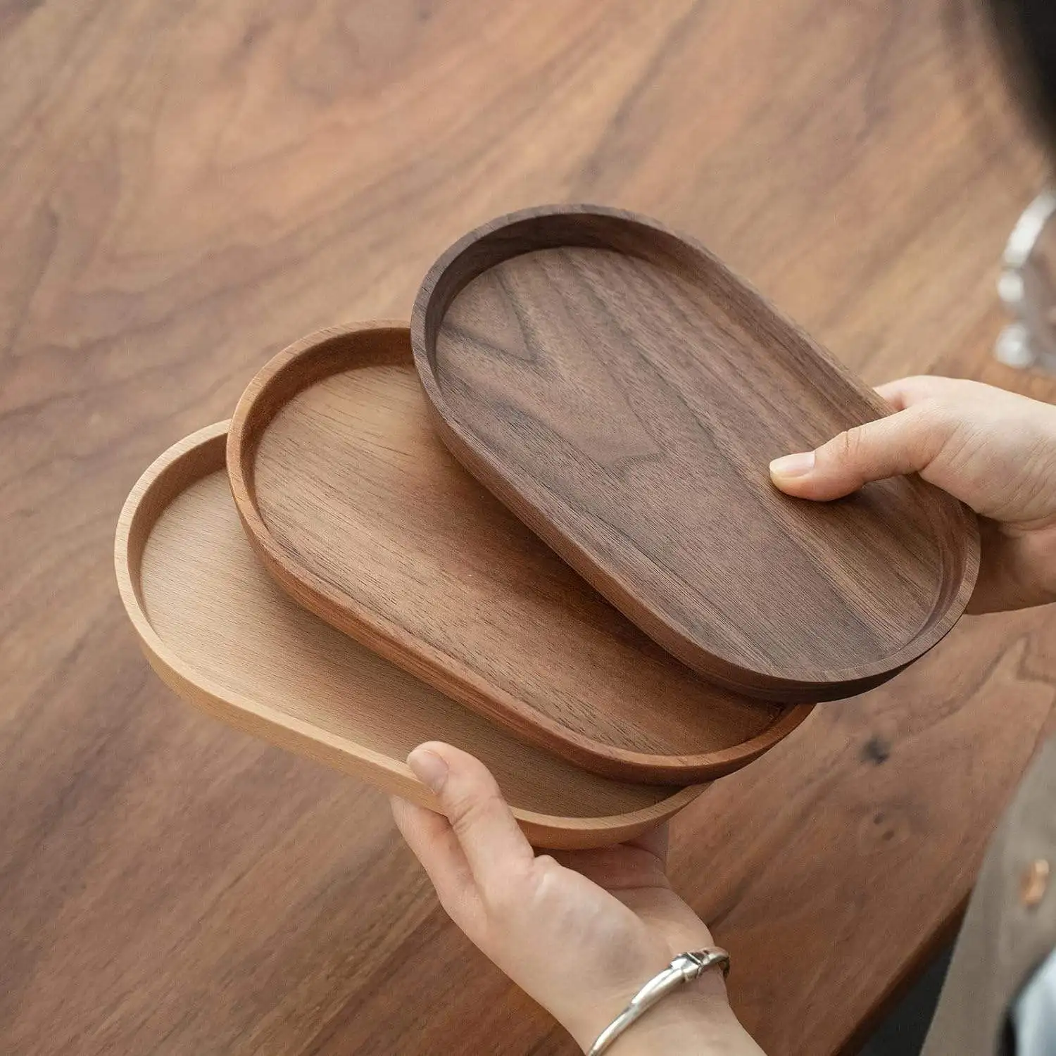 Wooden Serving Tray for Parties, Tea&Coffee Table Tray, Small Oval Wood Plate for Fruit&Snacksnon slip wooden food tray