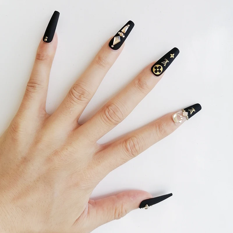 Wholesale Custom Full Cover Gradient Green Rhinestone Acrylic False Artificial Tips Press on Nails With Rhinestone