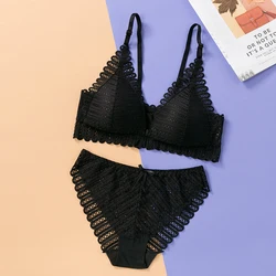 Ladies Sexy Lace Gather Underwear Big Size Bra Set Thin Cotton Cup Bra and Panties Lace Lingerie Bra Set Transparent Plain Bow