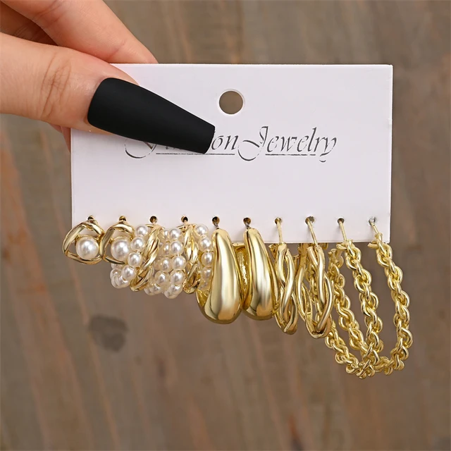 5 Pairs/Set Vintage Pearl Dangle Earring Set Metal Gold Color Hoop Earrings for Women Twist Circle Earrings Hollow Jewelry