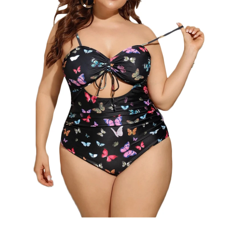OEM Swimsuit Manufacturer High Waist Print Big Size Black Bikini One Piece Full Coverage Swimwear For Fat Women