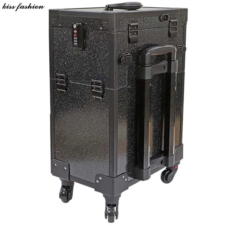 4-WHEELS LEATHERETTE PROFESSIONAL COOL LED LIGHT ROLLING STUDIO MAKEUP CASE WITH EXPANDABLE TRAYS, DRAWERS AND MIRROR