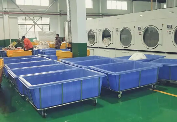 
Plastic laundry cart with stainless steel frame, bulk laundry truck for tilting washer 