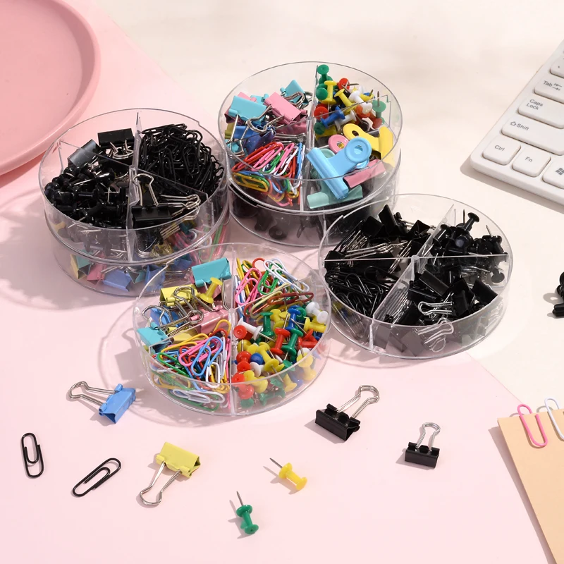 Factory Wholesale Custom Eco Friendly School Supplies 4 in 1 Accessory Paperclip Push Pin Mini Office Stationery Set Binder Clip