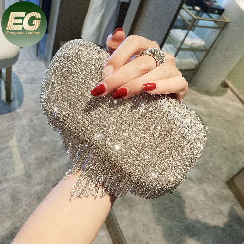 EB1338 Dazzling women crystal tassel evening bags lady wedding bridal party clutch purse silver beaded fringe bag
