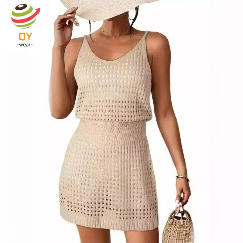 QY619 Summer 2024 Women Clothes Set Strap Sleeveless Vest And Short Skirt Set Beach Hollow Out Knit Sets For Women