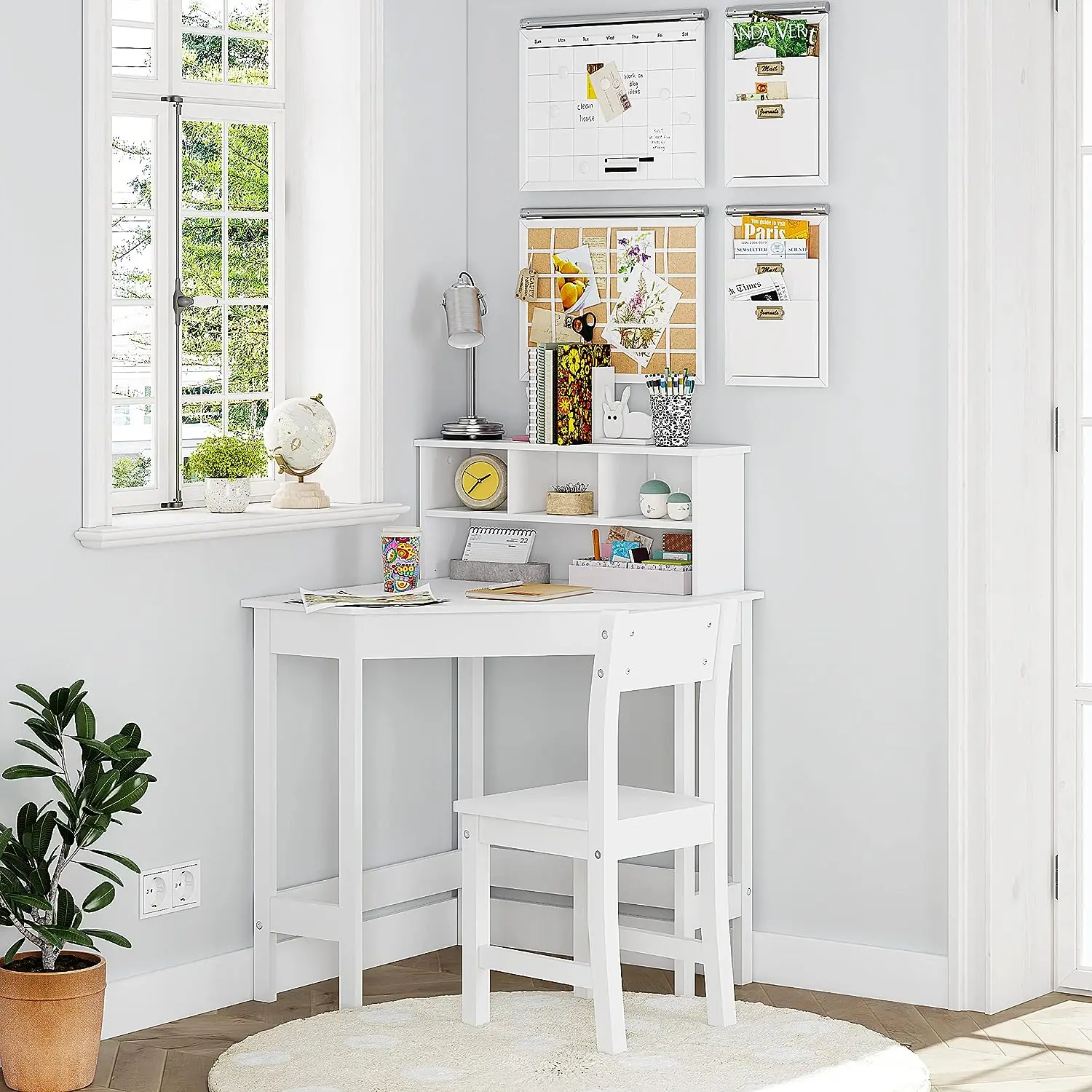 Corner Writing Desk Wooden Study Desk Chair for Children with Storage and Hutch