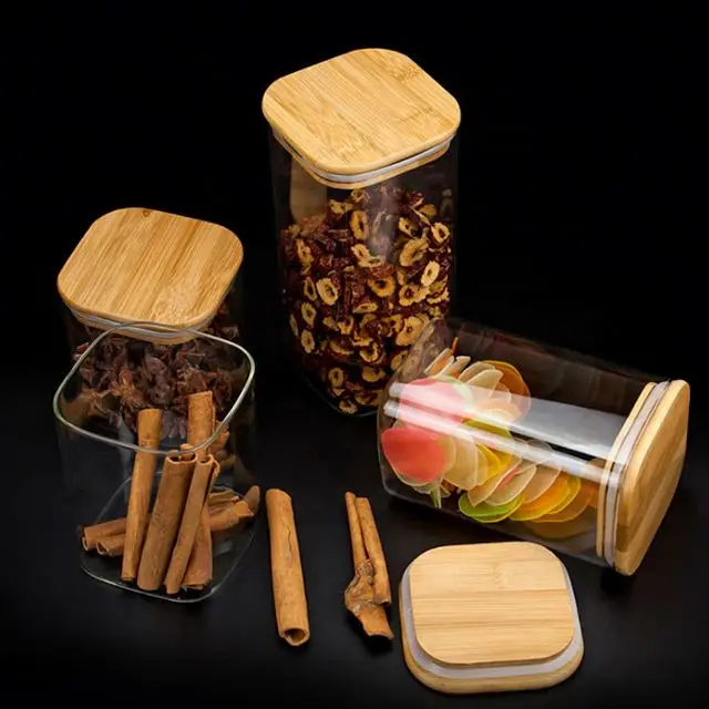 Trendy Glass Airtight Stackable Square Food Storage Organizer Containers Jars Set Glass Square Jar with Bamboo Lid