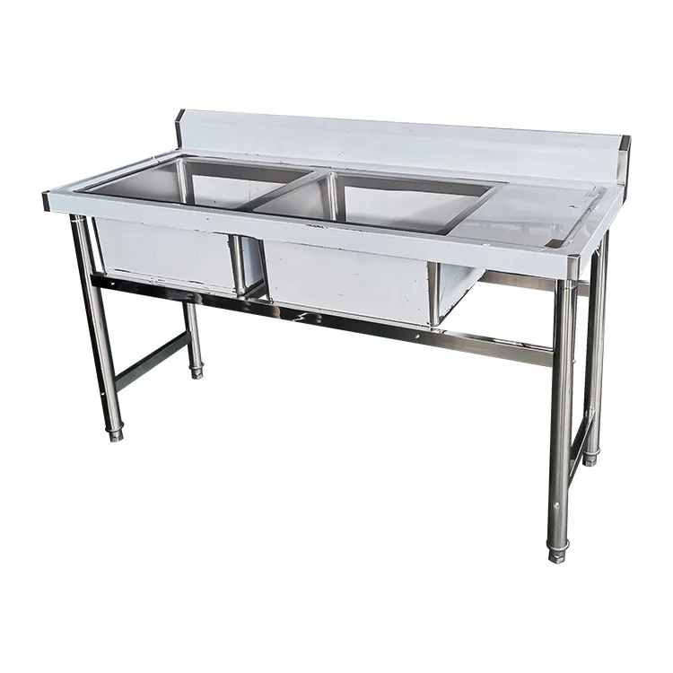 Guanbai 304 stainless steel kitchen equipment manufacturer workbench with double washing sink bowl buffet equipment