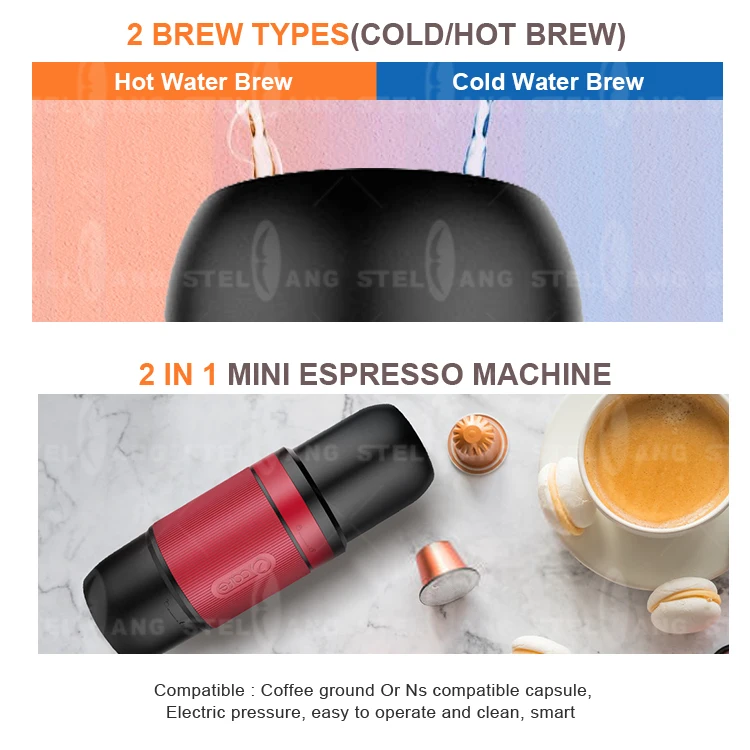 Outdoor hiking 80ml small semi automatic 12V usb car 2 in 1 portable coffee maker machine for capsules