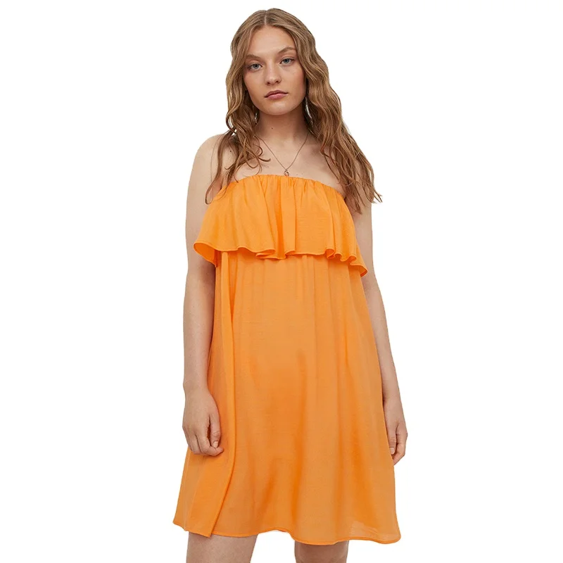 Summer Sexy Stylish Breathable Conceal Elastic Top Strapless Wide Flared Flounced Beach Dress For Women