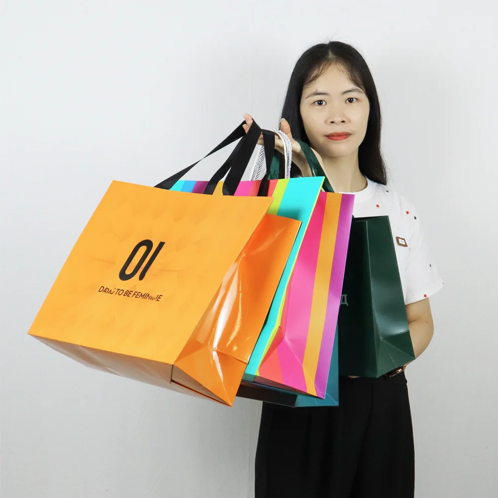 custom gift packaging bag eco friendly cotton reusable restaurant drawstring paper bags high quality iridescent shopping bag