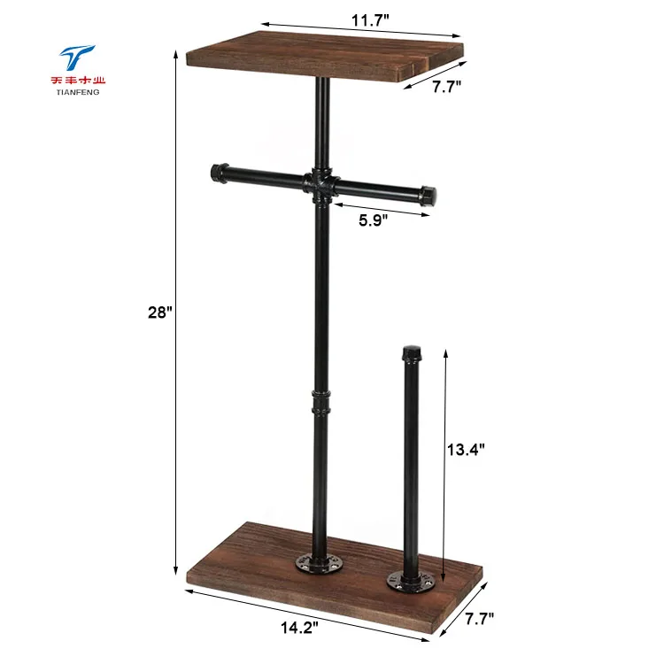 Industrial Free Stand Dispenser Toilet Paper Holder with Reserve Shelf Cast Iron Pipe Wooden Base