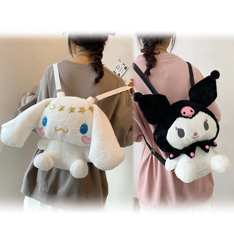 Kawaii Sanrio Plush Cartoons Anime Melody Kuromi Shoulder Bag Backpack Plushie Stuffed Toy Schoolbag Kids Doll Gift