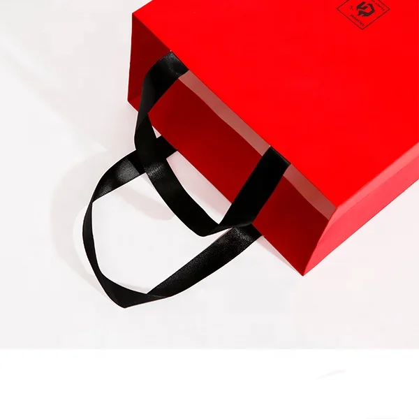 Wholesales custom print logo Tea Packaging Bag Red Small Gift square paper bag with ribbon handle