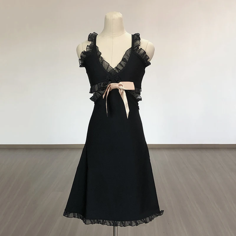 BA301 High Quality Bowknot Floral Backless Sling V Neck Evening Dress For Ladies