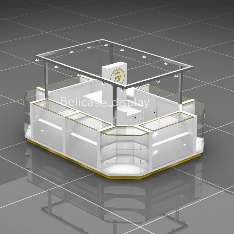 New Design Shopping Mall Jewelry Store Showcase Necklace Display Cabinet Over Head Light Jewelry Kiosk with LED Light