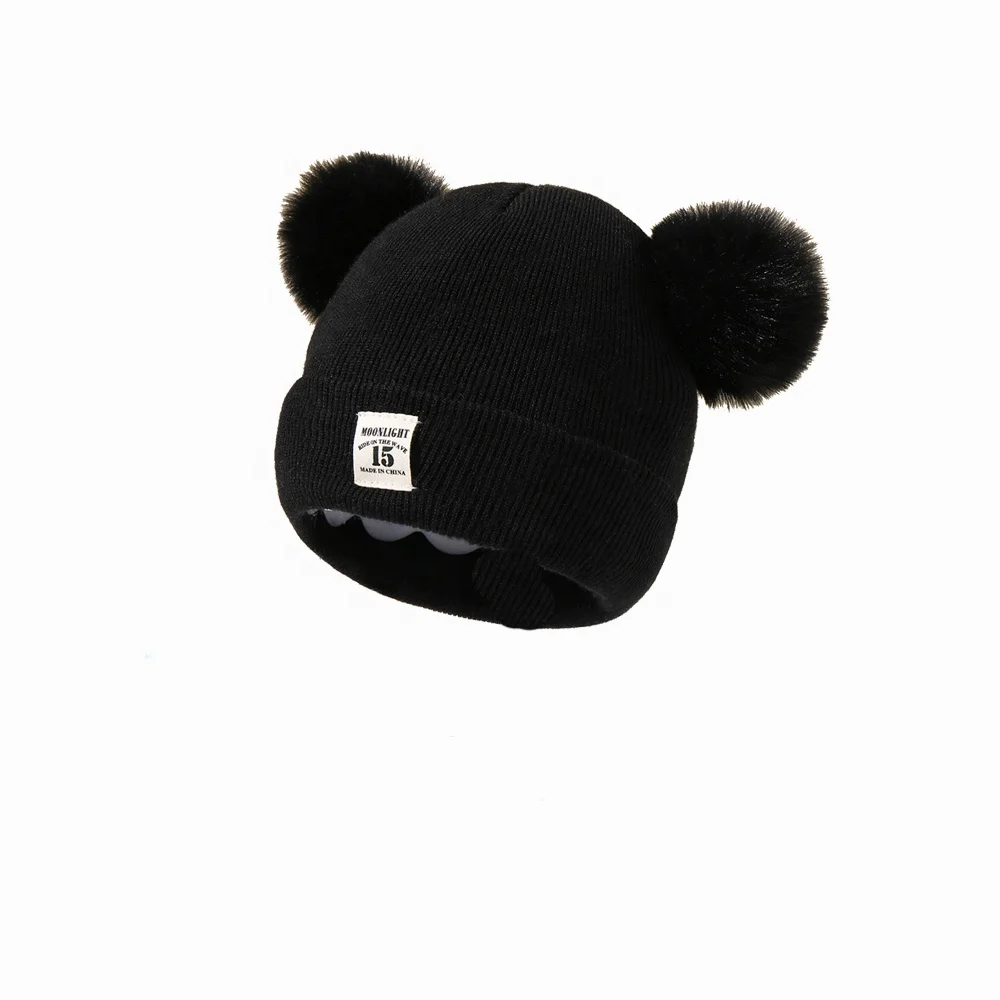 OEM in stock knitted high quality caps with label acrylic two balls 0-3 years old child toddler hats winter baby beanie pom pom