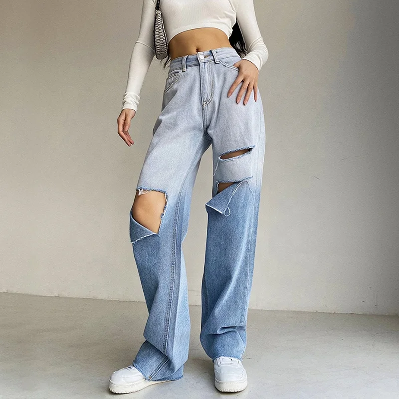 
Wholesale Vintage Colored Ripped Jeans ODM Stylish Fade Wash Jean Patchwork Pants China Loose Baggy Custom Denim Jeans 