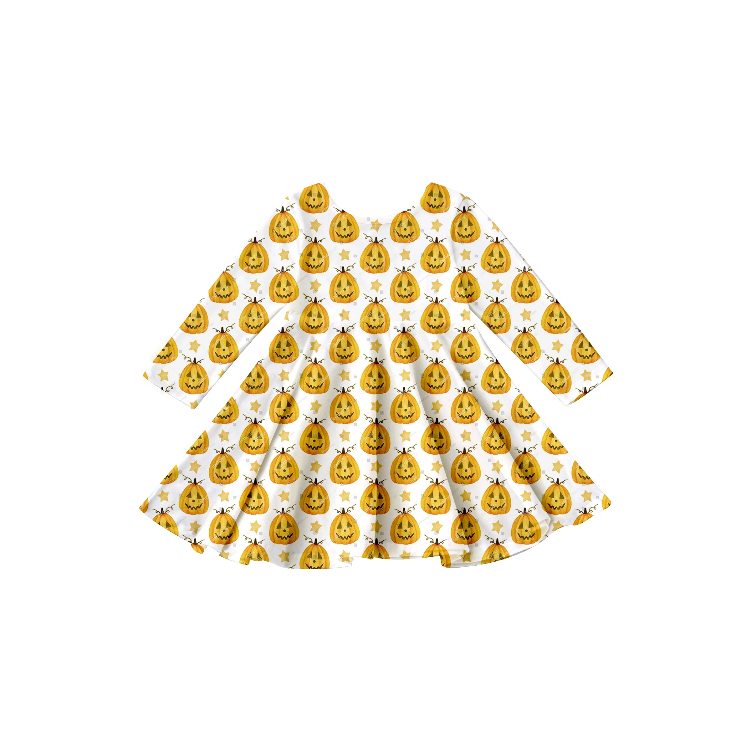 Girlymax 2022 Pumpkin Halloween Trick or Treat Long Sleeve A-LIne Twirl Knee Length Baby Girls Dresses Kids Clothing